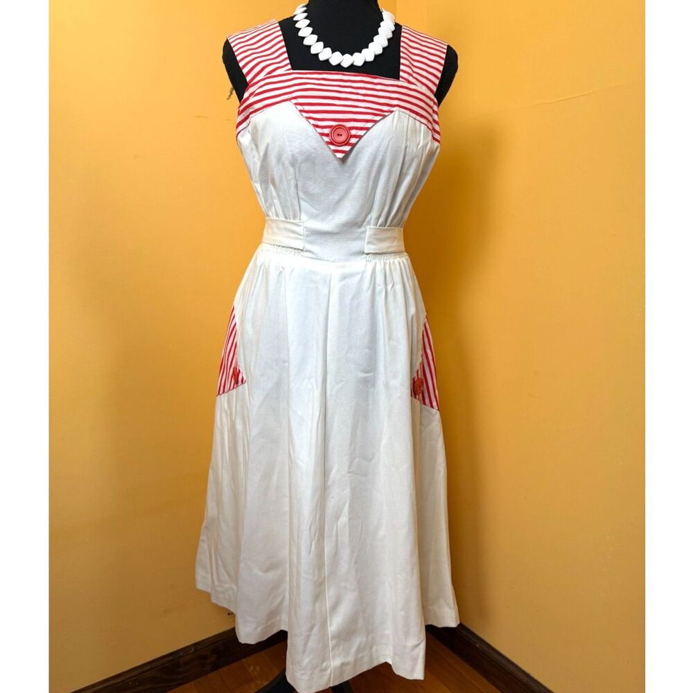 VTG 70s Handmade Striped Sundress Red White Cotton Midi A-Line Folk Prairie